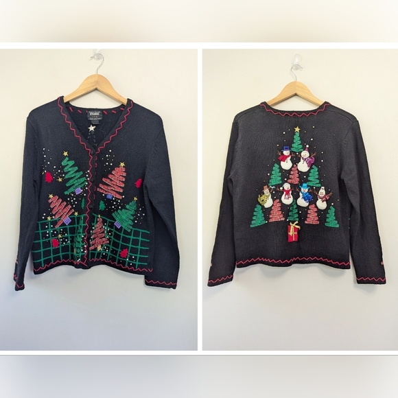 Vintage 90s Ugly Christmas Snowman Tree Ribbon Holiday Sweater - Picture 1 of 13